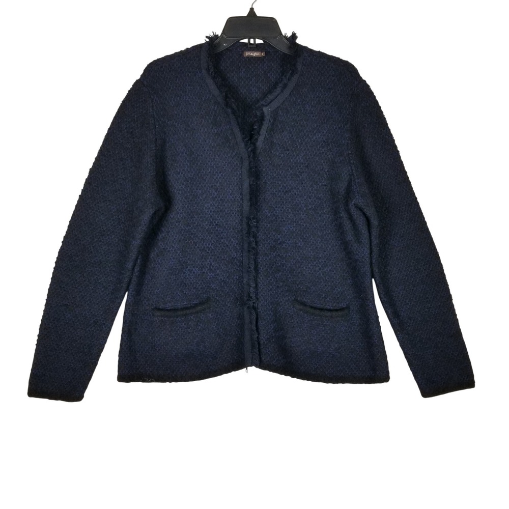 J.McLaughlin Cardigan Women XL Navy Blue Wool Mohair Blend Fringe Trim Boucle